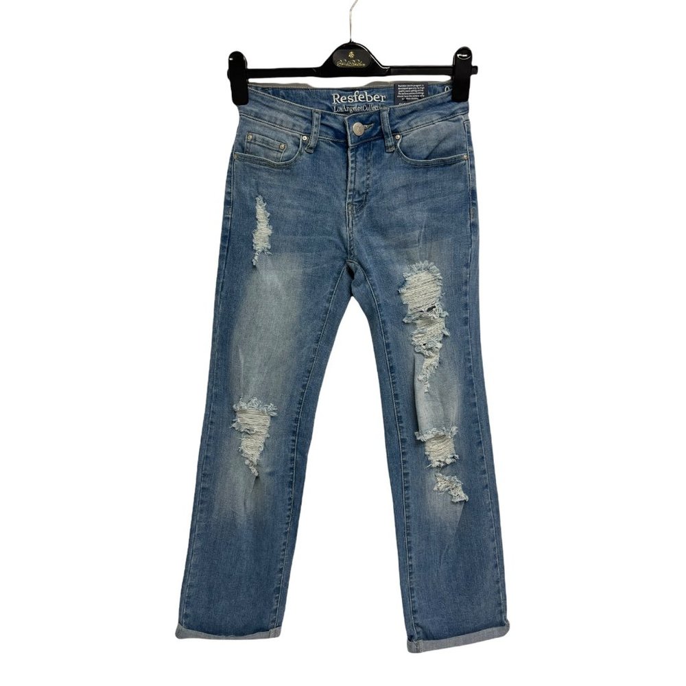 Resfeber Los Angeles Collection Women's Cuffed Ripped Straight Leg Jeans 0